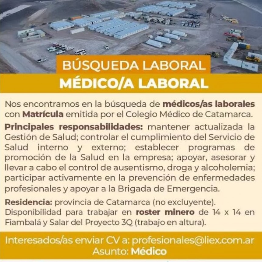 Empresa minera busca en Catamarca profesionales de Salud: Mirá cómo postularte