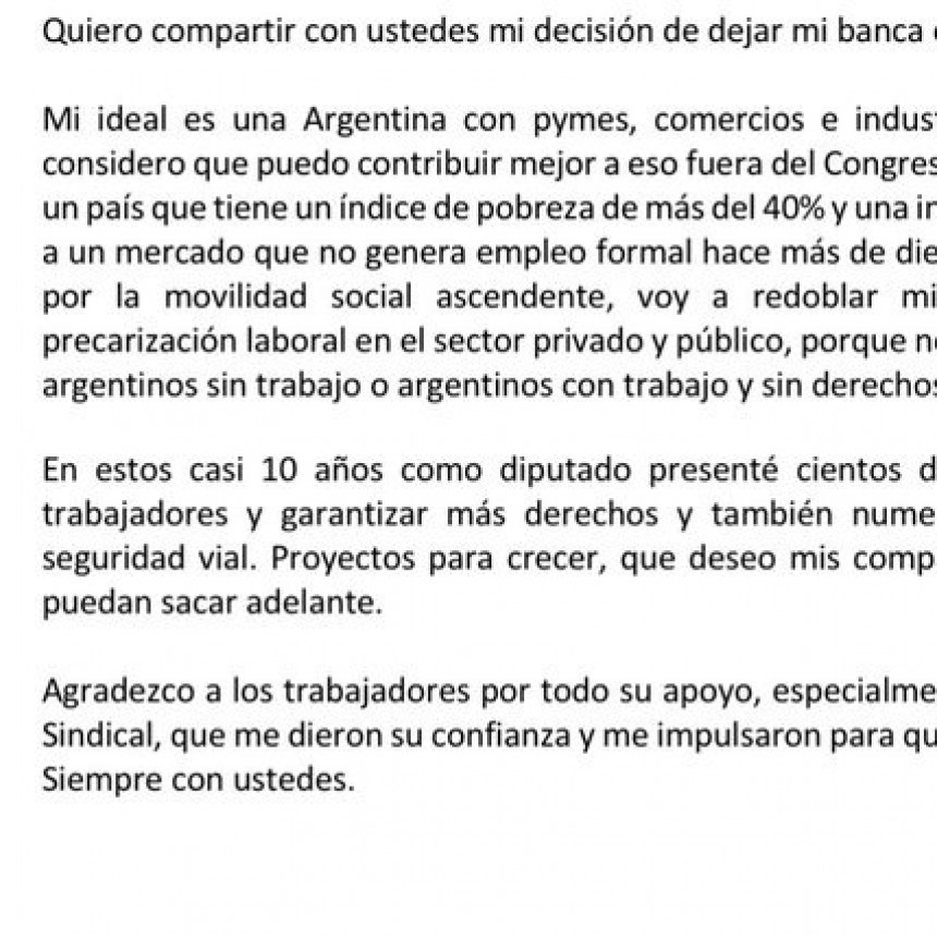 IMPORTANTE RENUNCIA A LA CAMARA DE DIPUTADOS